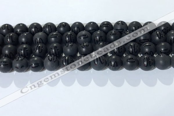 CAA3662 15.5 inches 10mm round matte & carved black agate beads
