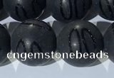 CAA3663 15.5 inches 12mm round matte & carved black agate beads