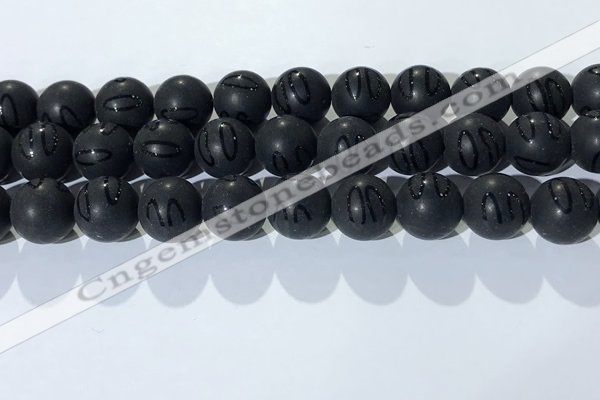 CAA3663 15.5 inches 12mm round matte & carved black agate beads