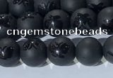 CAA3665 15.5 inches 6mm round matte & carved black agate beads