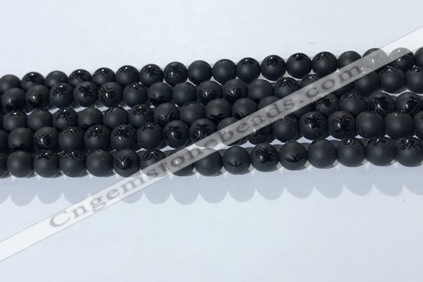 CAA3665 15.5 inches 6mm round matte & carved black agate beads