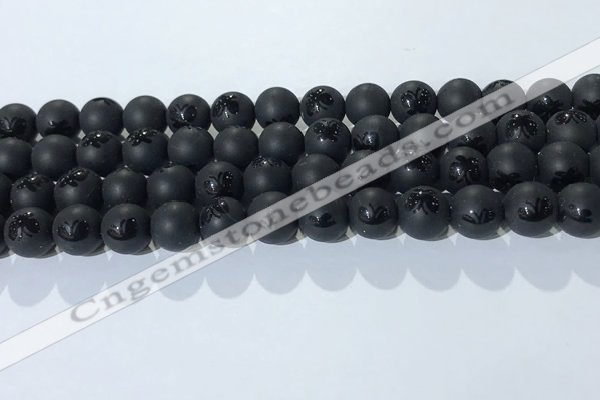 CAA3666 15.5 inches 8mm round matte & carved black agate beads