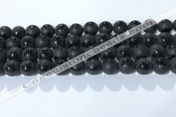 CAA3667 15.5 inches 10mm round matte & carved black agate beads