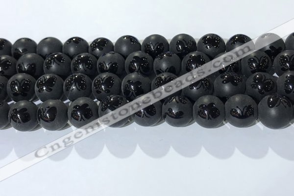 CAA3668 15.5 inches 12mm round matte & carved black agate beads