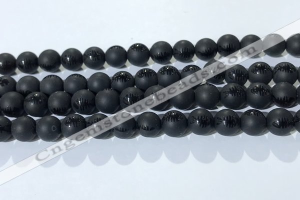 CAA3671 15.5 inches 8mm round matte & carved black agate beads