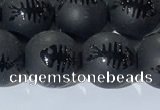 CAA3672 15.5 inches 10mm round matte & carved black agate beads