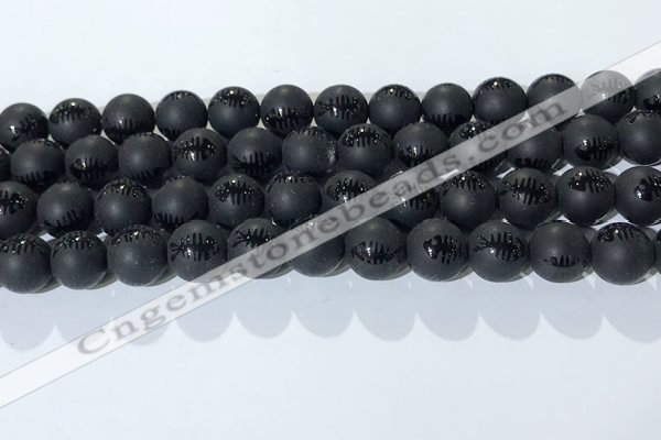 CAA3672 15.5 inches 10mm round matte & carved black agate beads