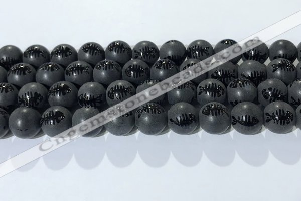 CAA3673 15.5 inches 12mm round matte & carved black agate beads