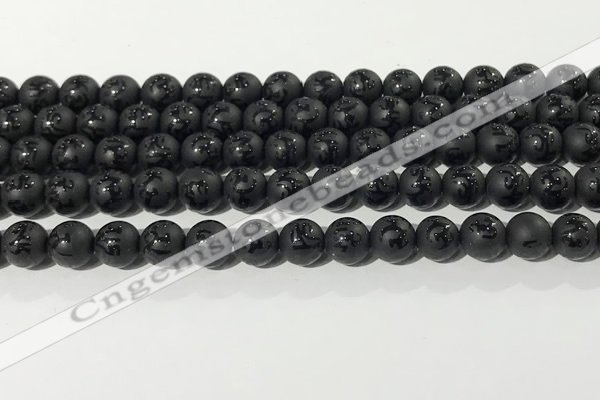 CAA3675 15.5 inches 6mm round matte & carved black agate beads