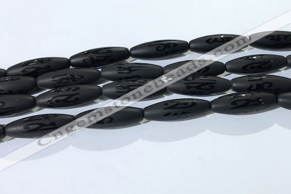 CAA3682 15.5 inches 10*30mm rice matte & carved black agate beads