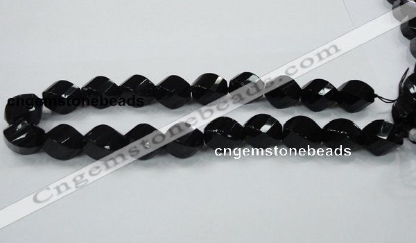 CAB337 15.5 inches 15*20mm faceted & twisted rice black agate beads