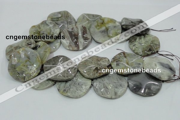 CAB572 15.5 inches 40mm wavy coin silver needle agate gemstone beads