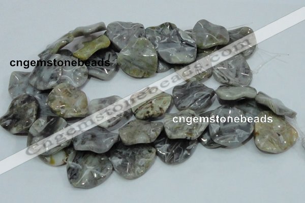 CAB579 15.5 inches 30*30mm wavy triangle silver needle agate beads