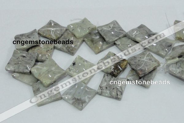 CAB584 15.5 inches 30*30mm wavy diamond silver needle agate beads