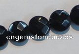 CAB810 15.5 inches 14mm faceted coin black gemstone agate beads