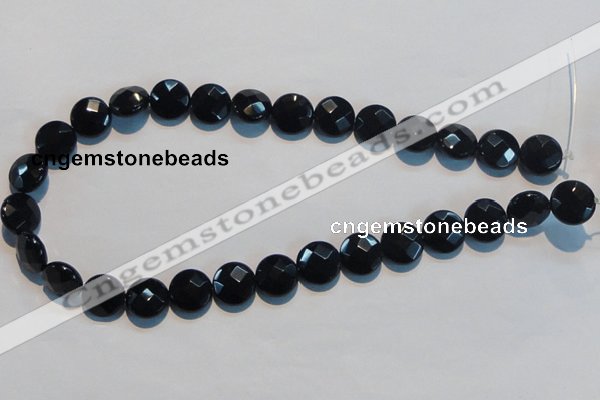 CAB810 15.5 inches 14mm faceted coin black gemstone agate beads