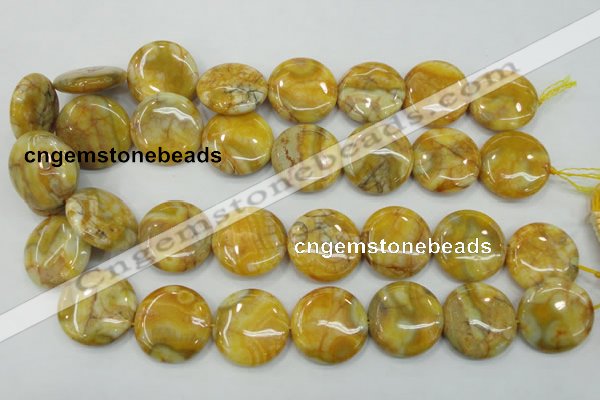 CAB945 15.5 inches 25mm flat round yellow crazy lace agate beads