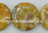 CAB946 15.5 inches 30mm flat round yellow crazy lace agate beads