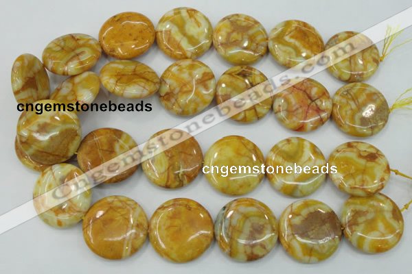 CAB946 15.5 inches 30mm flat round yellow crazy lace agate beads