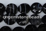 CAG3073 15.5 inches 14mm faceted coin black line agate beads