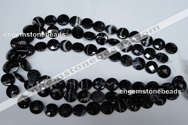 CAG3073 15.5 inches 14mm faceted coin black line agate beads