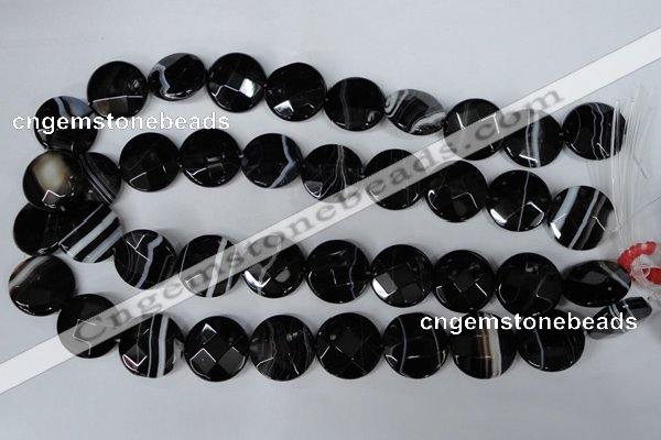 CAG3076 15.5 inches 20mm faceted coin black line agate beads