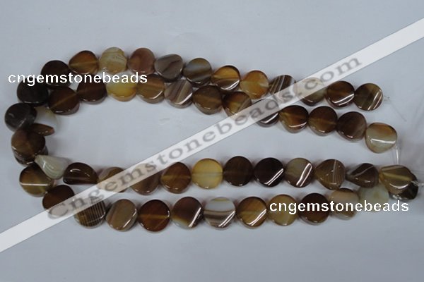 CAG3151 15.5 inches 14mm twisted coin brown line agate beads