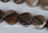 CAG3152 15.5 inches 16mm twisted coin brown line agate beads