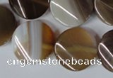 CAG3154 15.5 inches 20mm twisted coin brown line agate beads