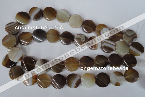 CAG3154 15.5 inches 20mm twisted coin brown line agate beads