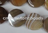 CAG3160 15.5 inches 20mm faceted & twisted coin brown line agate beads