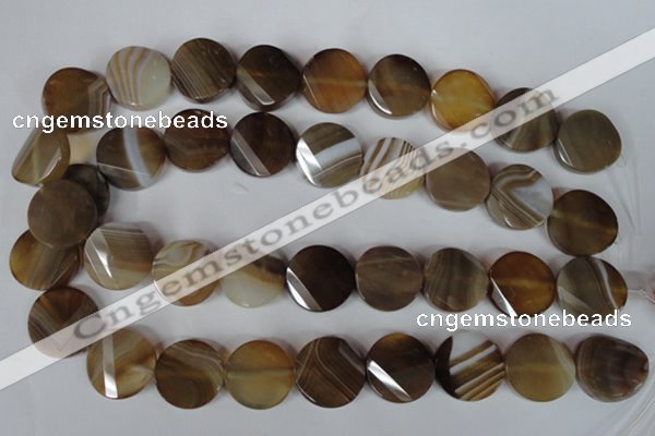 CAG3160 15.5 inches 20mm faceted & twisted coin brown line agate beads
