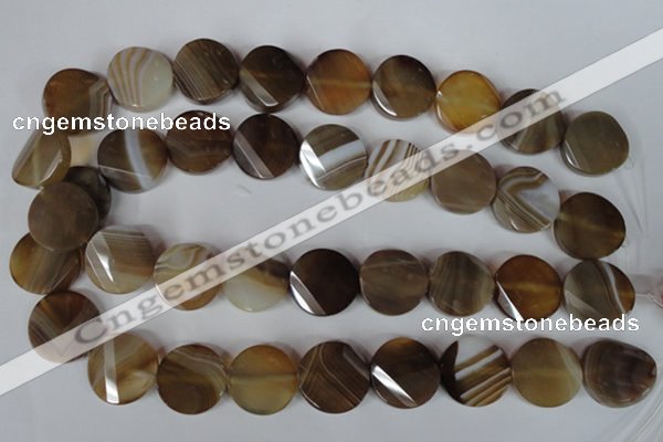 CAG3160 15.5 inches 20mm faceted & twisted coin brown line agate beads