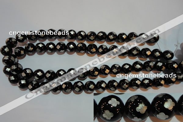 CAG3354 15.5 inches 12mm carved round black agate beads wholesale