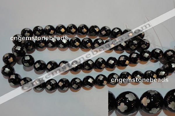 CAG3355 15.5 inches 14mm carved round black agate beads wholesale