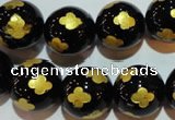 CAG3365 15.5 inches 14mm carved round black agate beads wholesale