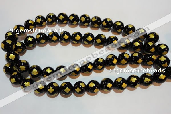 CAG3365 15.5 inches 14mm carved round black agate beads wholesale