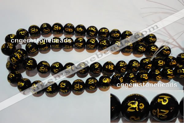 CAG3375 15.5 inches 14mm carved round black agate beads wholesale