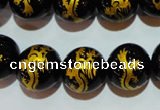 CAG3382 15.5 inches 14mm carved round black agate beads wholesale