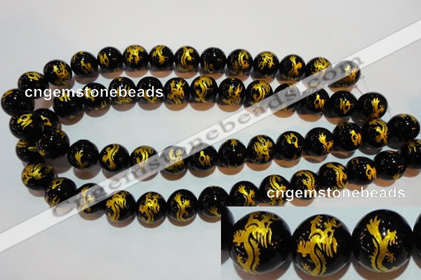 CAG3382 15.5 inches 14mm carved round black agate beads wholesale