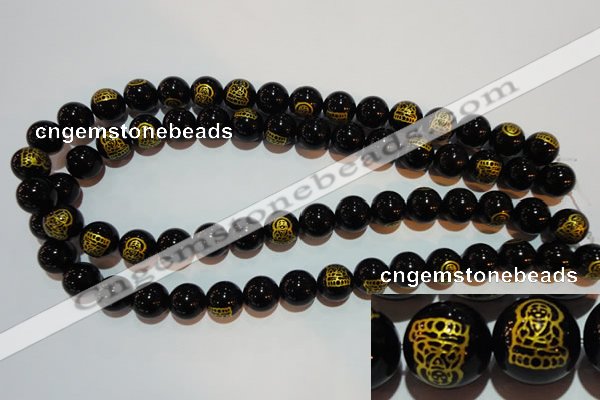 CAG3386 15.5 inches 12mm carved round black agate beads wholesale