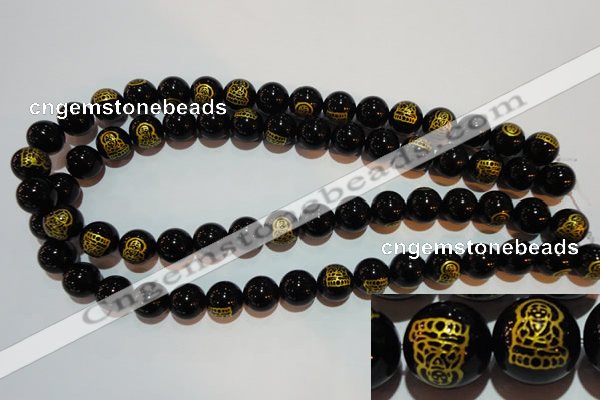 CAG3387 15.5 inches 14mm carved round black agate beads wholesale