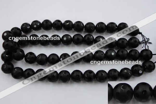 CAG3674 15.5 inches 14mm carved round matte black agate beads