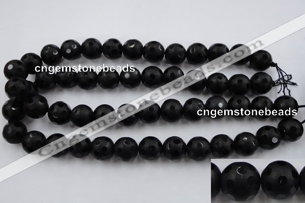 CAG3675 15.5 inches 16mm carved round matte black agate beads