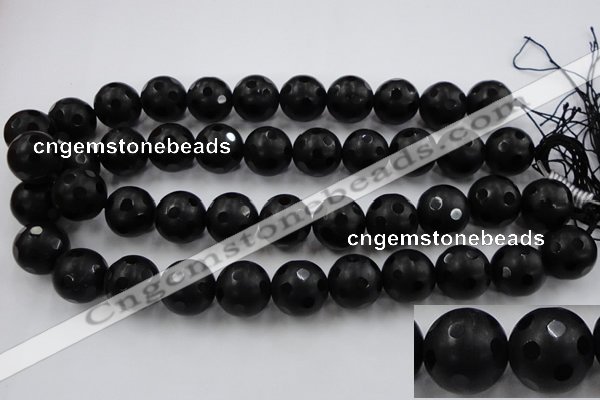 CAG3676 15.5 inches 18mm carved round matte black agate beads