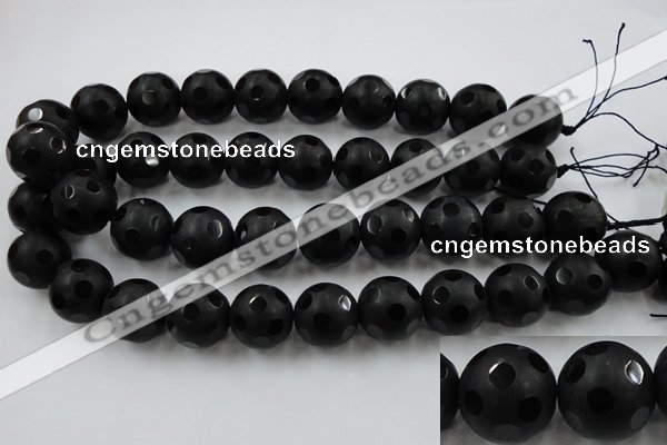 CAG3677 15.5 inches 20mm carved round matte black agate beads