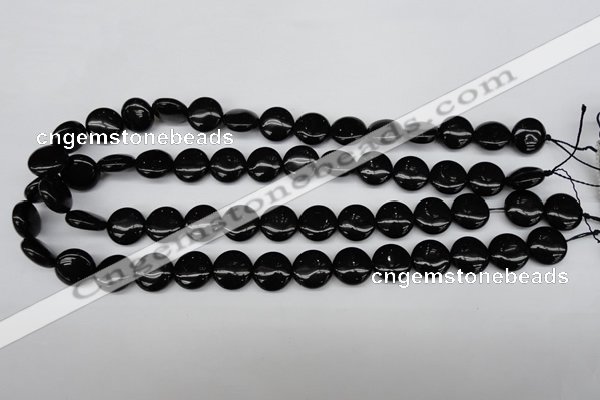 CAG4012 15.5 inches 14mm flat round black agate beads