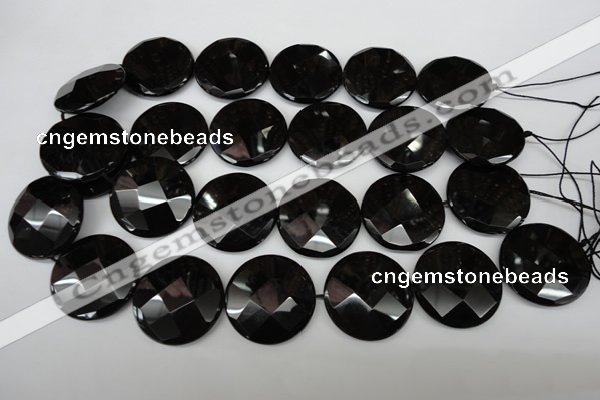 CAG4025 15.5 inches 30mm faceted coin black agate beads