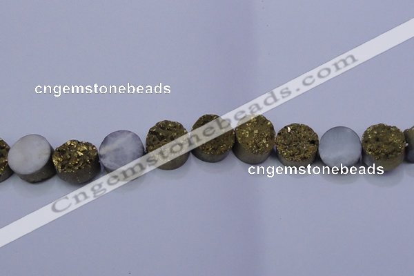 CAG7932 7.5 inches 14mm flat round plated white druzy agate beads