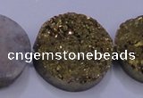 CAG7939 7.5 inches 28mm flat round plated white druzy agate beads